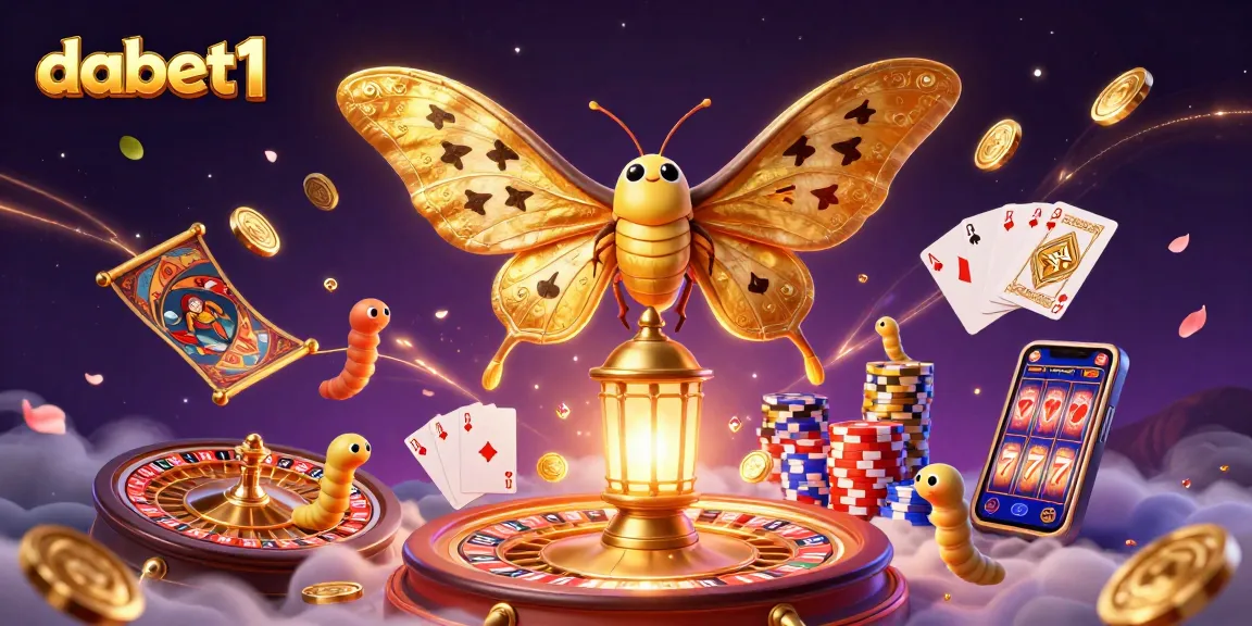 Experience thrilling adventures with dabet1 in this vibrant casino illustration featuring an atlas moth and golden elements.
