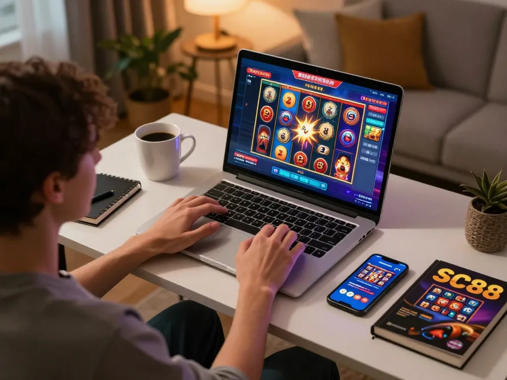 Engaging scene of a player enjoying SC88 online, featuring cozy gaming setup and dynamic slot gameplay.