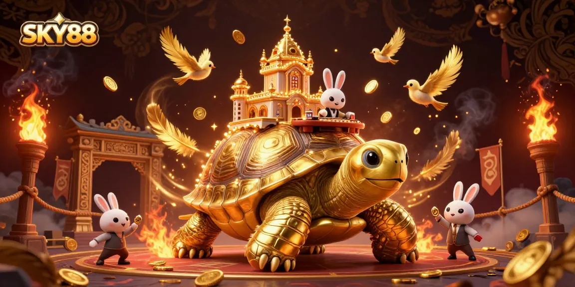 Engage in thrilling games at SKY88 with a golden tortoise casino and rabbit dealer illustration.