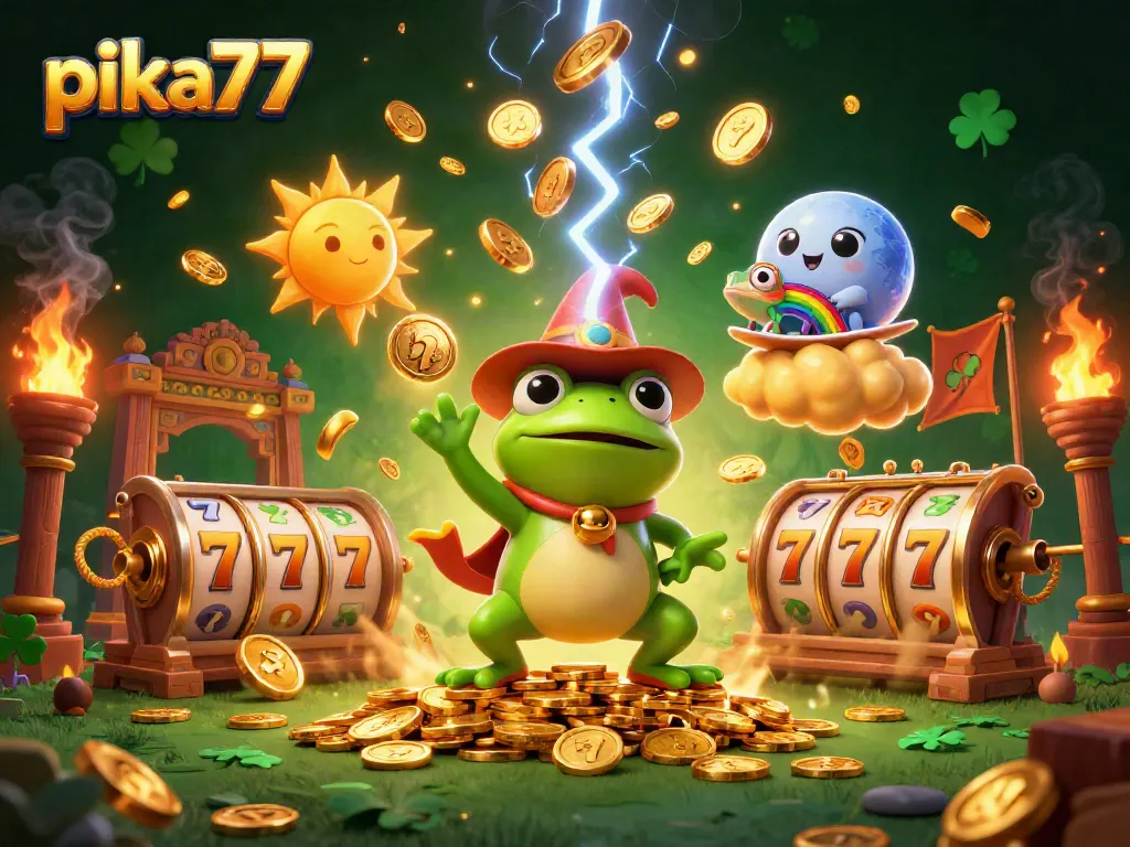 Pika77 introduces an exciting gaming experience with a vibrant storm of golden coins and dynamic characters in this casino-themed illustration.
