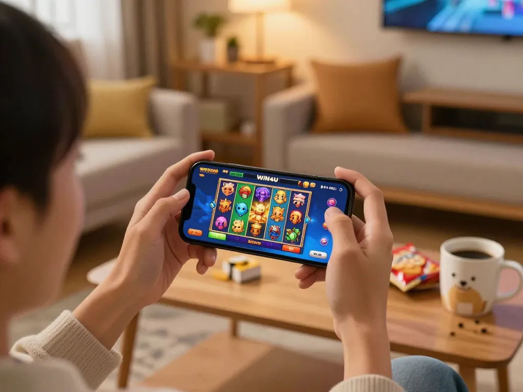 Excited player engaging with slots on the WIN4U app in a cozy home setting