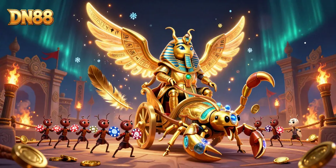 Experience thrilling wagers at DN88 with golden scarab and scorpion chariot amidst vivid casino elements.