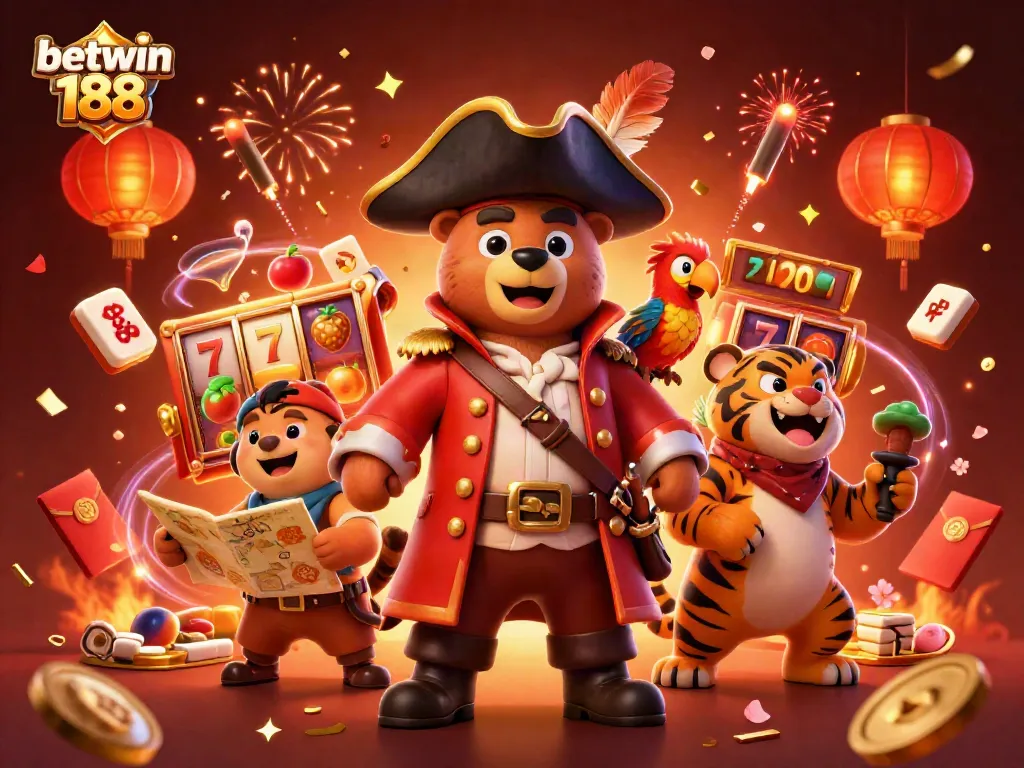 Join the excitement at betwin 188 with a vibrant illustration of a pirate bear and tiger celebrating casino wins.