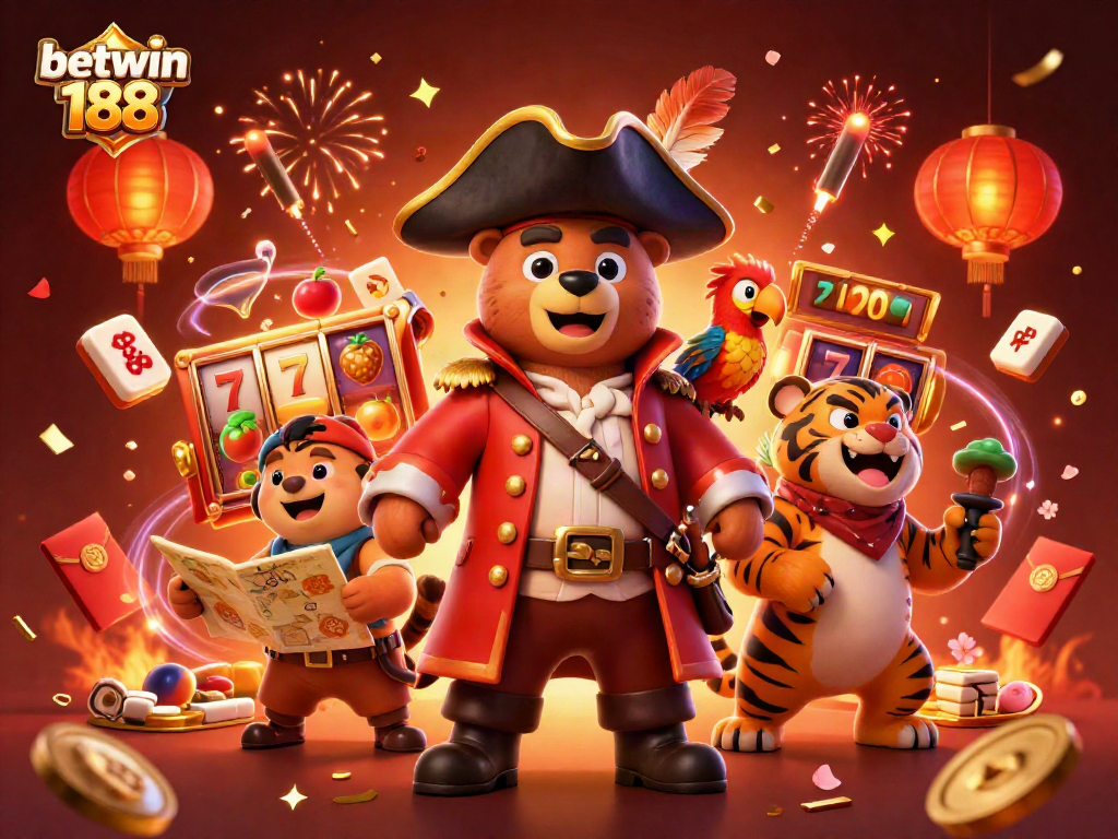 Join the excitement at betwin 188 with a vibrant illustration of a pirate bear and tiger celebrating casino wins.