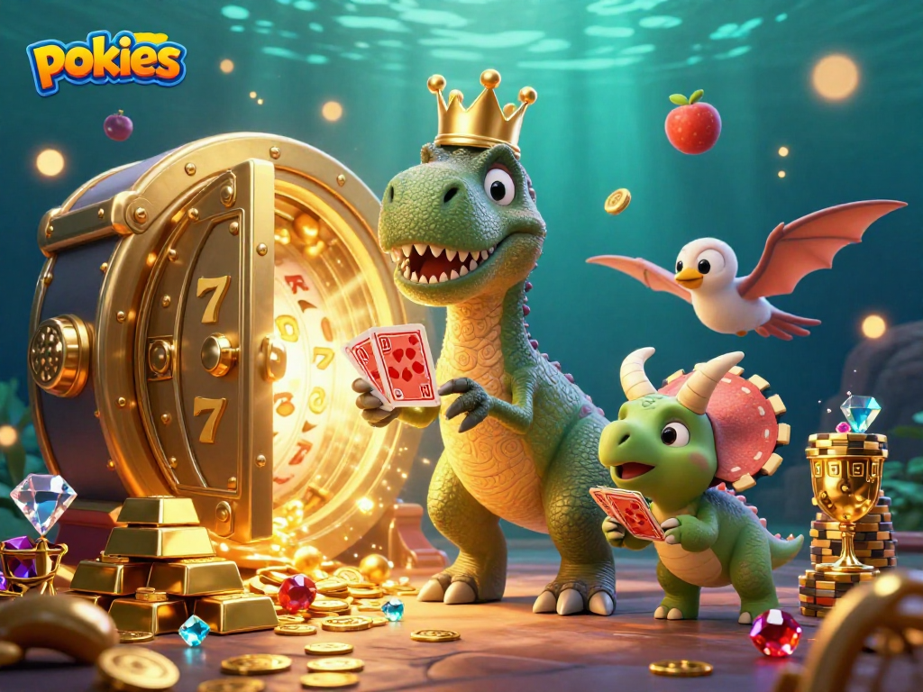Join in on the fun with pokies as T-Rex, Pterodactyl, and Triceratops explore a treasure-filled casino world.