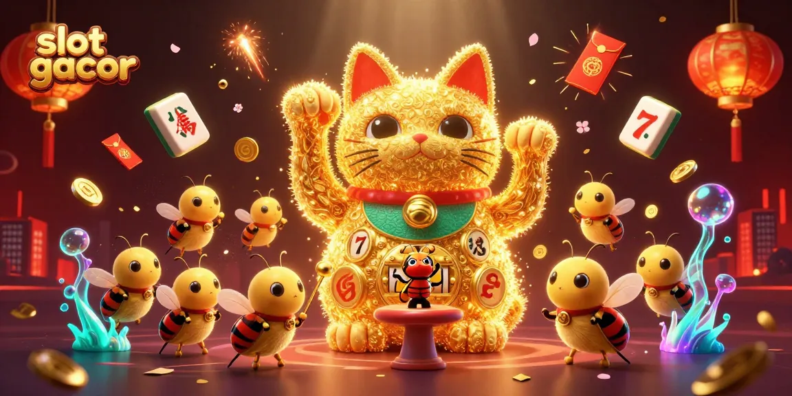 Slot gacor dengan simbol keberuntungan menyala di antara koin emas dan api karya seni digital.