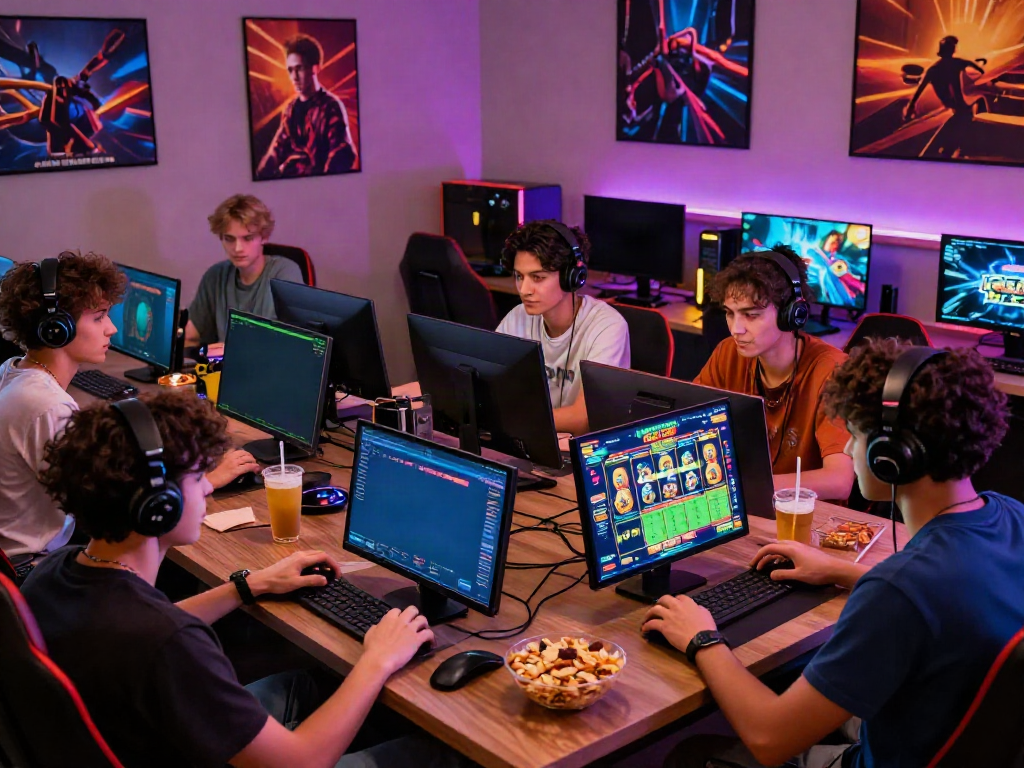 Friends enjoying a fun gaming session at Bro138, showcasing engaging slot games in a vibrant setting.
