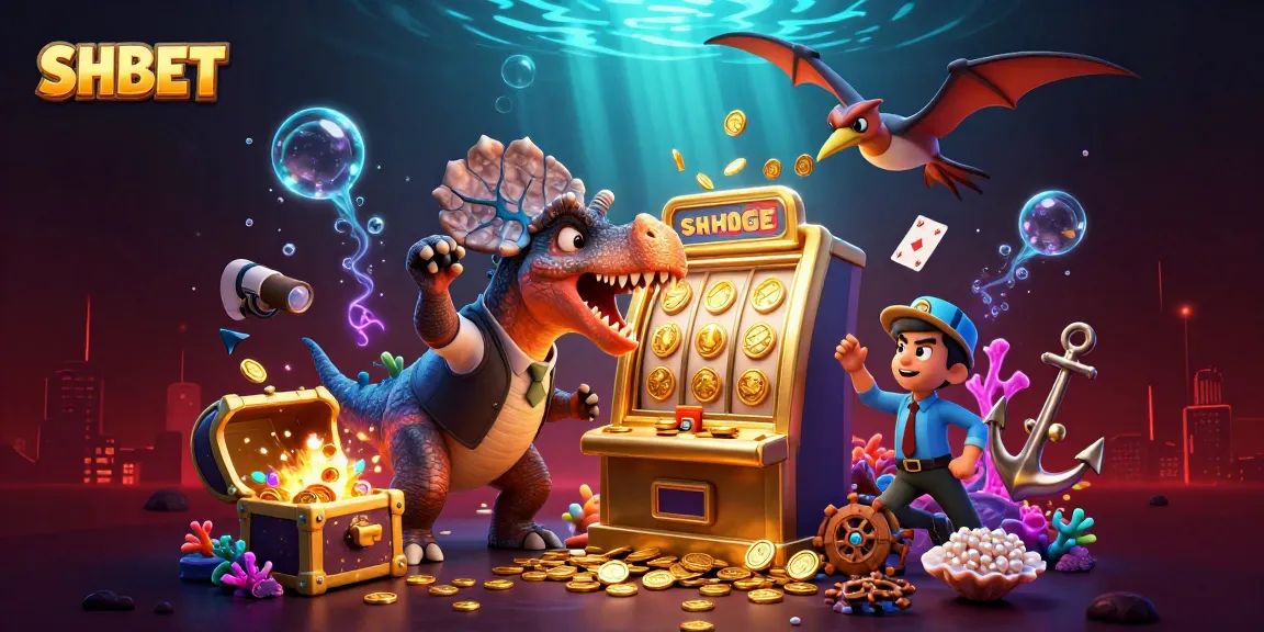 Headbutting golden slot machine for jackpots at SHBET casino with vibrant characters and treasure.