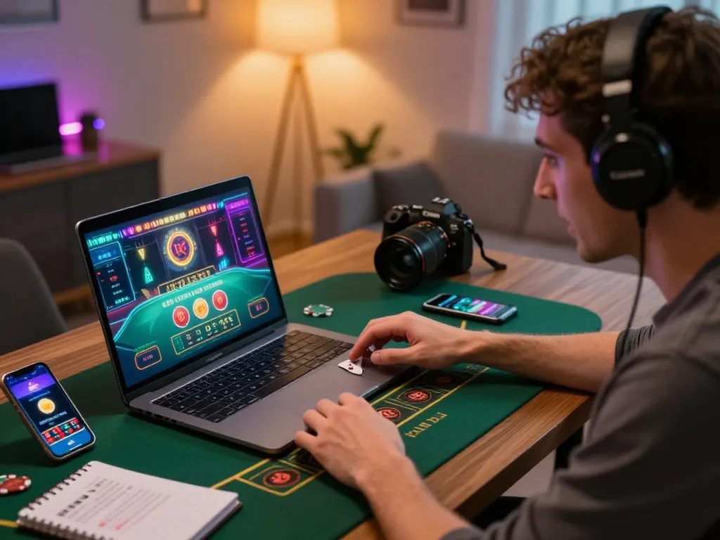 Engaging gameplay on tr88 com as a player makes a strategic blackjack move in a stylish home office.