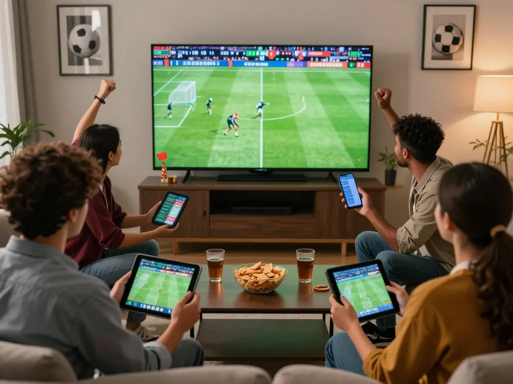 Exciting Judi Bola betting scene with friends enjoying football match, tablets and snacks around.