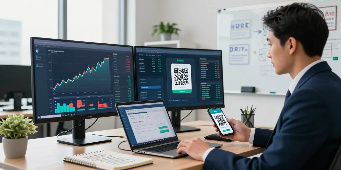 Finance expert analyzing trends in slot 5k qris transactions on dual screens in a modern office environment.