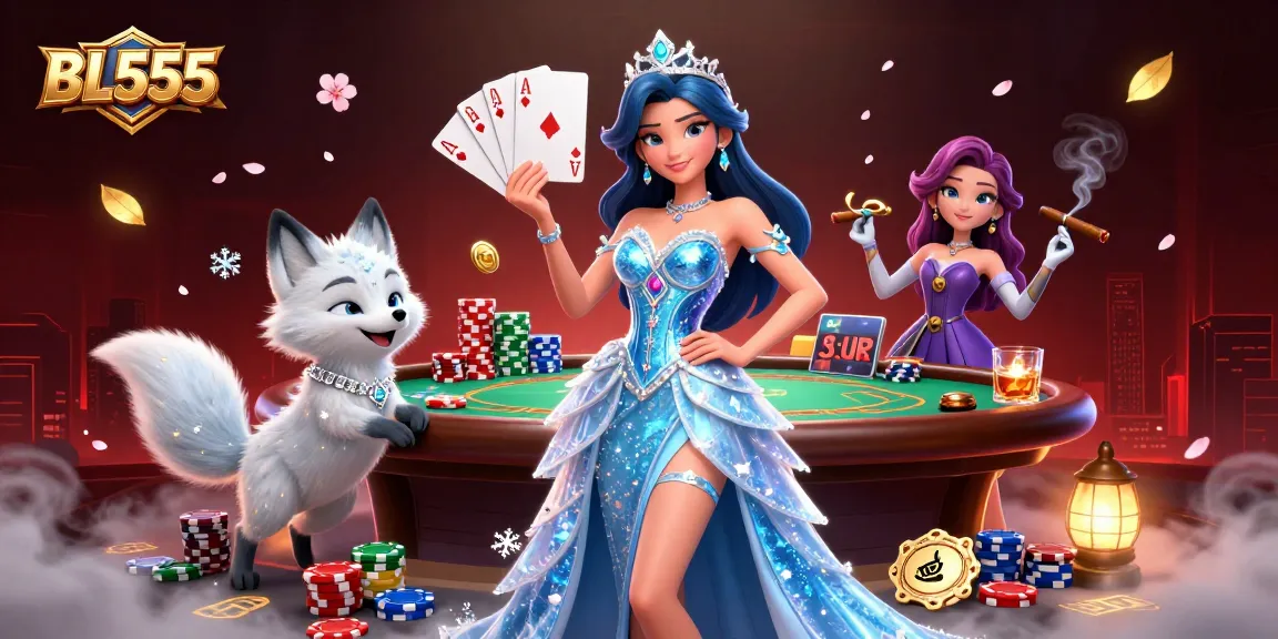 Engage in high-stakes gaming at BL555 with a stunning casino scene featuring elegant characters and vibrant poker elements.