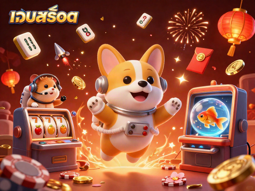 Experience thrilling เว็บสล็อต action with astronaut corgi and dynamic casino elements spinning around.