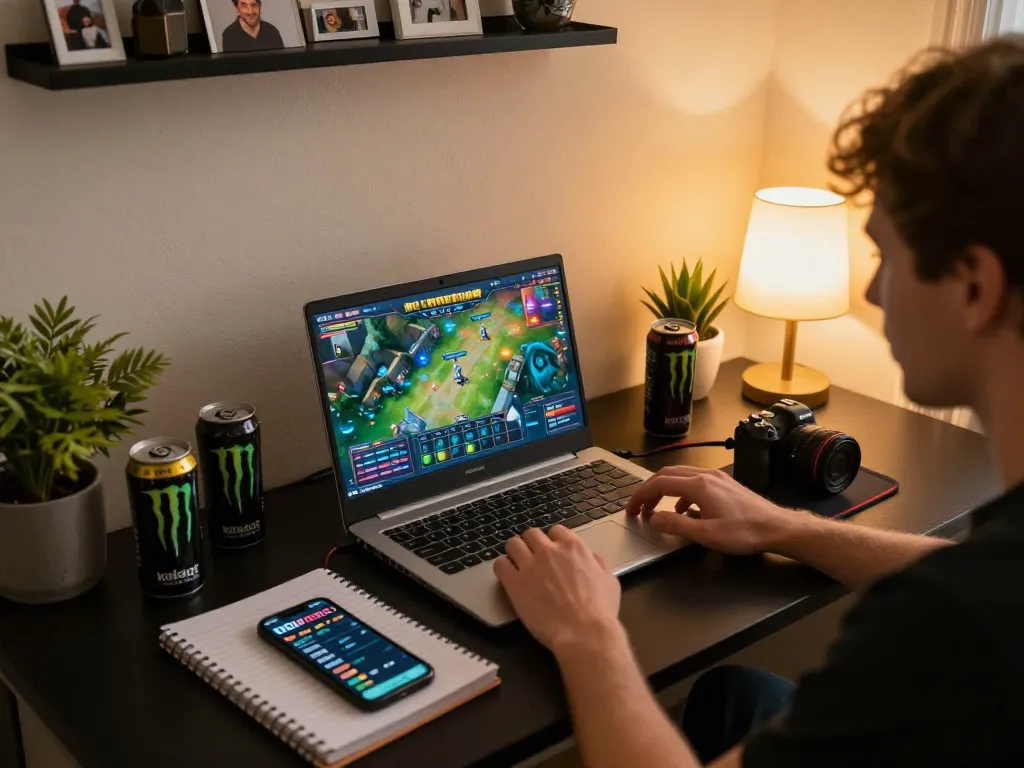 Kdslot player engaged in online gaming strategy session at home, with gaming accessories and warm lighting creating an inviting atmosphere