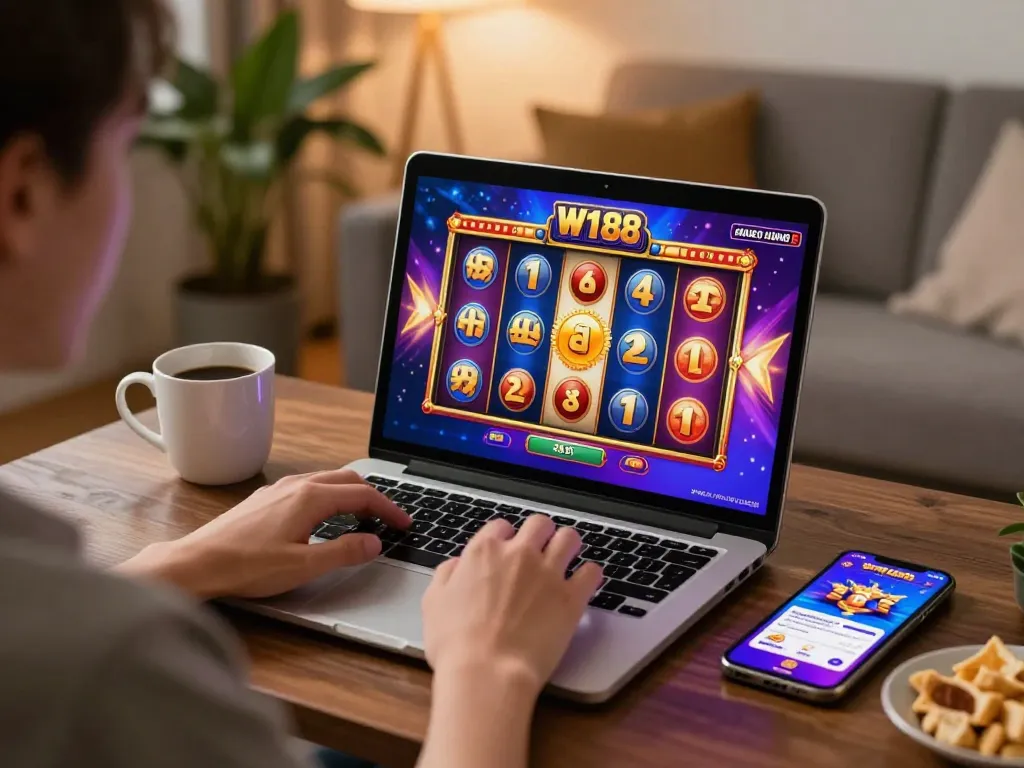 Engaging W188 online casino gaming at home, vibrant slot machine interface showcased on laptop
