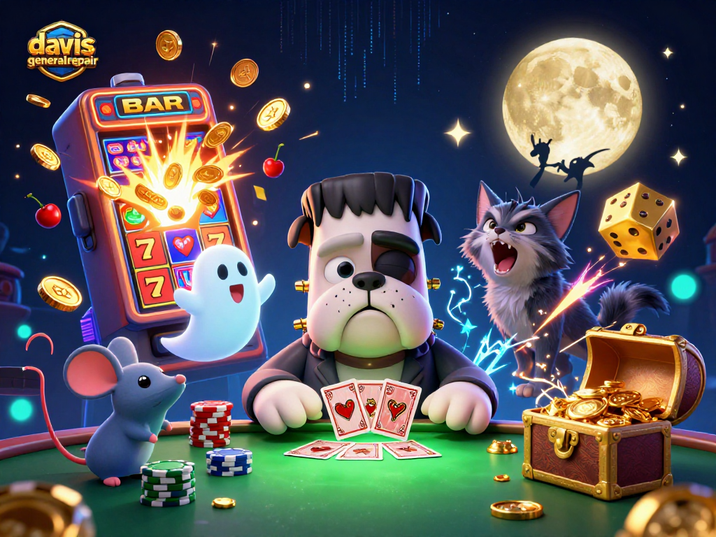 Davisgeneralrepair showcases a vibrant casino scene with a bulldog monster and gold coins flying