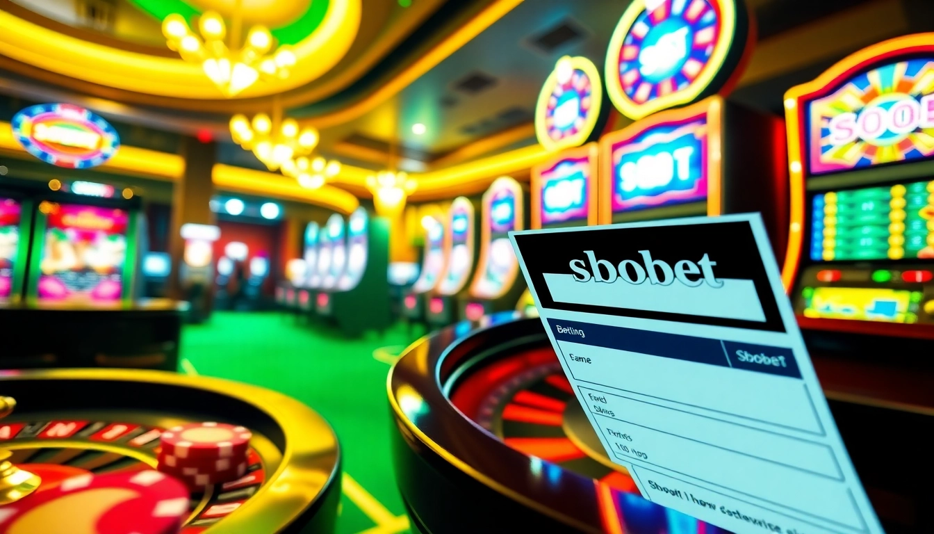 The sbobet link displayed on a vibrant online gambling interface featuring poker chips and a roulette wheel.