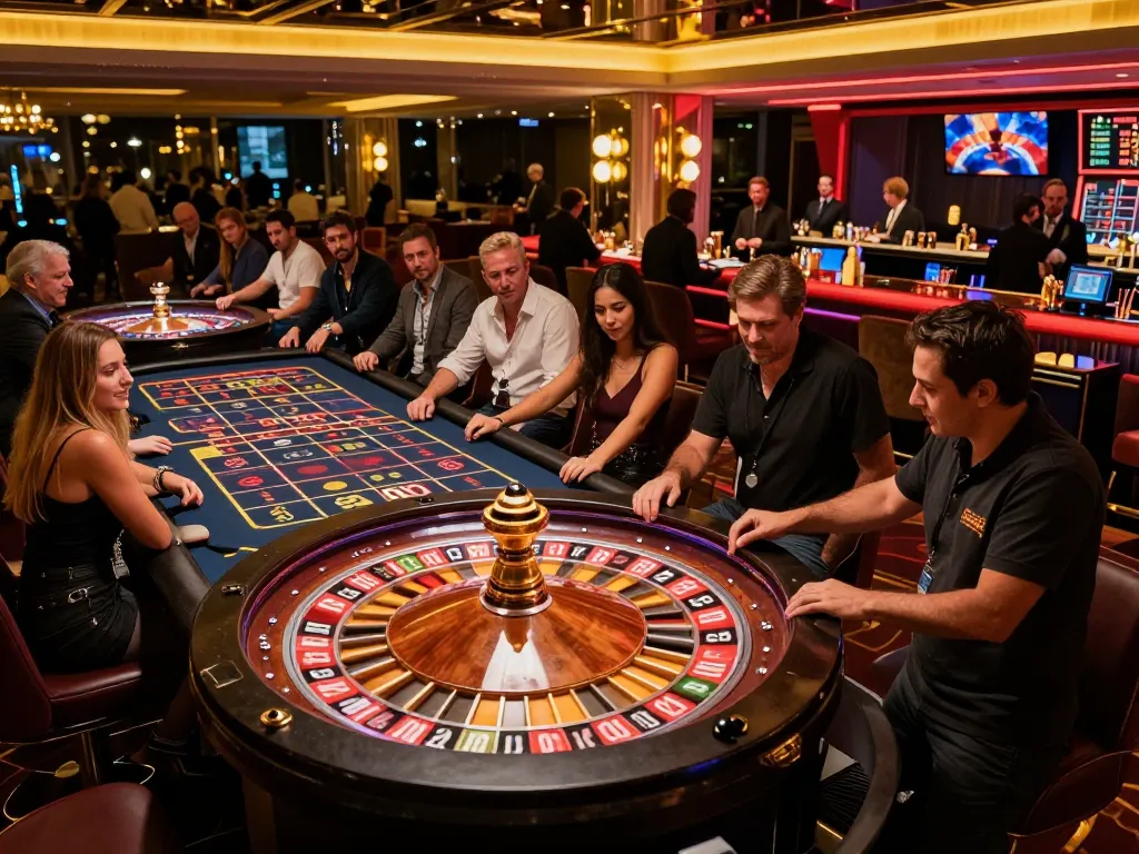 Situs resmi menggambarkan pemain yang berkumpul di sekitar roda roulette, dengan kegembiraan terlihat dalam suasana kasino mewah.
