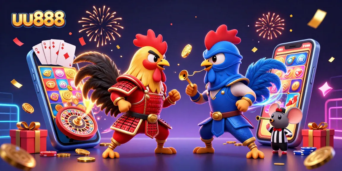 uu888 engaging slot game experience with colorful elements and animated rooster duel action.