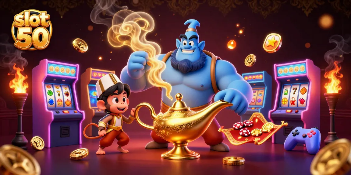 Experience the excitement of slot bet 50 with a vibrant 3D casino scene featuring a genie and lucky gaming elements.