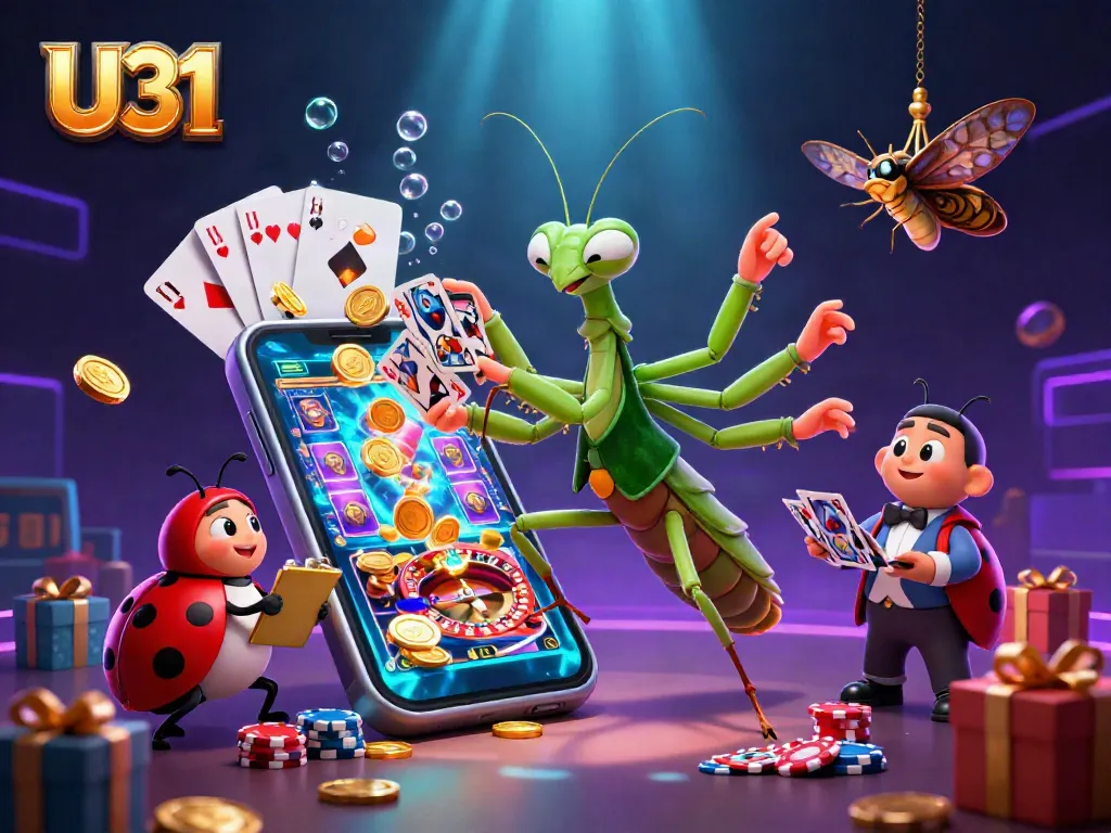 U31 casino scene with a giant praying mantis card sharp dealing cards and pouring champagne in a vibrant atmosphere.
