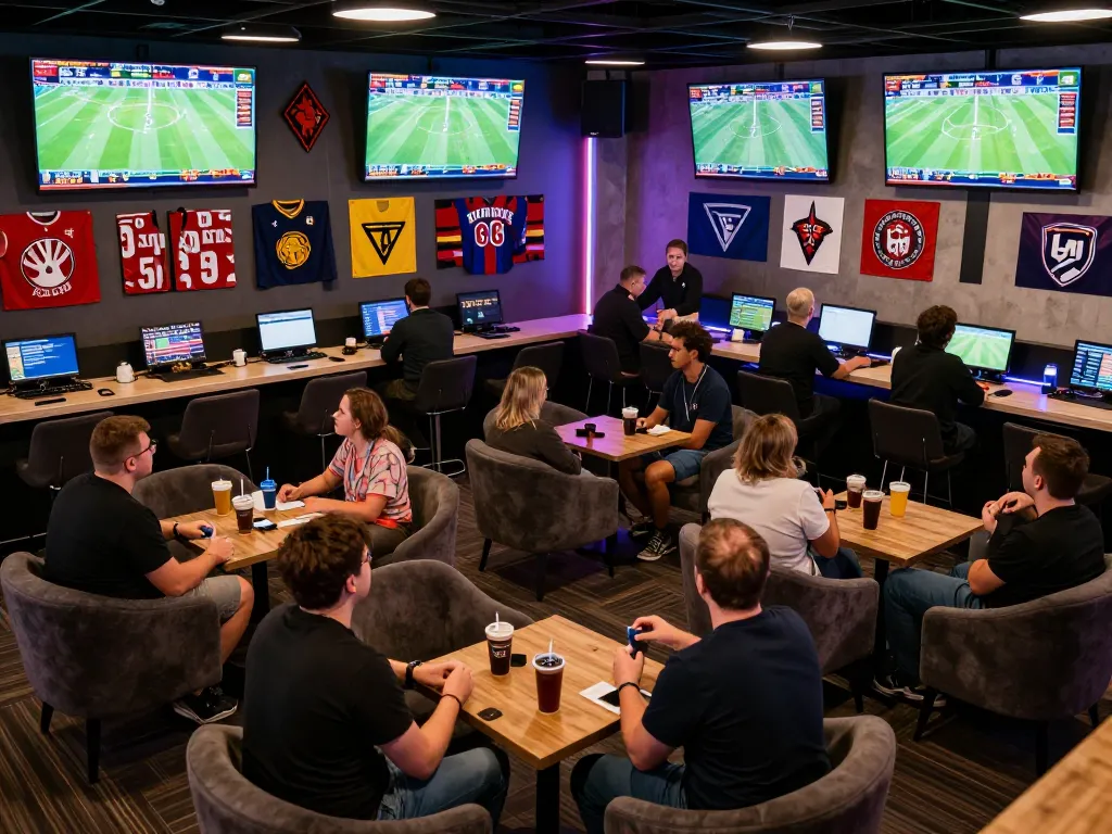 Kết quả bóng đá updated live in an energetic sports betting lounge featuring excited fans and multiple screens.