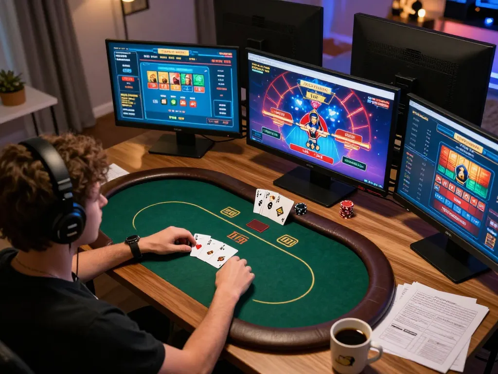 Engaged player in online poker session at nhà cái 888VI, showcasing thrilling gaming environment.