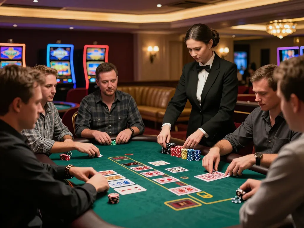 Engaging blackjack action at mb88 casino table with players and dealer interaction