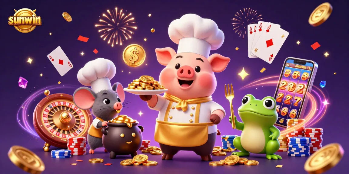 Experience the thrill of sunwin with a 3D chef pig serving gold coins, surrounded by casino excitement.