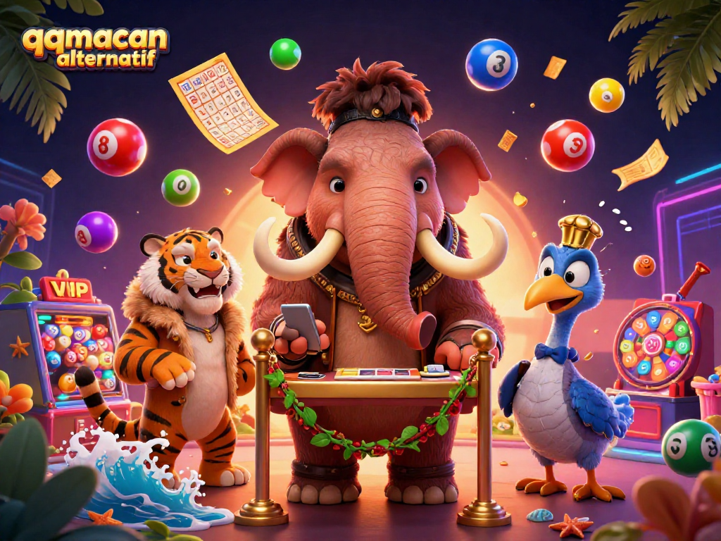 Engage in thrilling gameplay with qqmacan alternatif amidst vibrant lottery balls and casino characters.