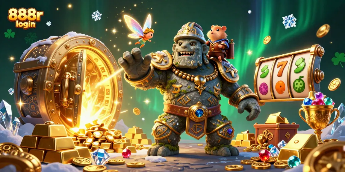 Engage with the vibrant 888r login scene filled with treasures, showcasing a golem guardian, a fairy, and a hamster knight.