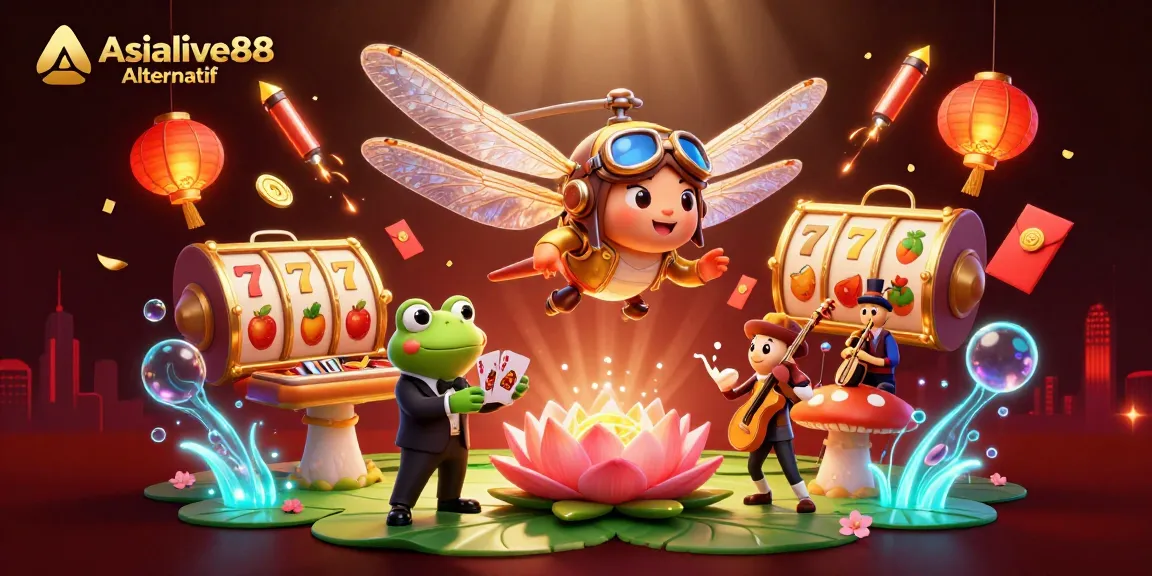 Play slots with Asialive88 Alternatif at this vibrant casino scene featuring a dragonfly pilot and frog dealer.