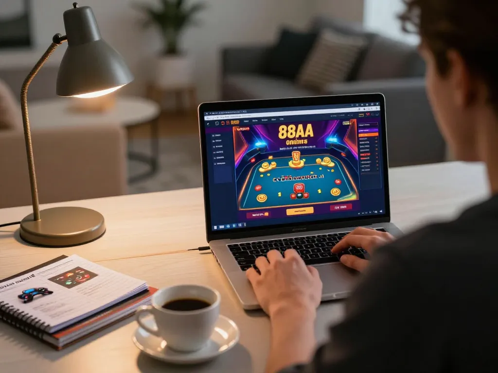 Engaged player using 88AA online casino on a laptop, showcasing live dealer games