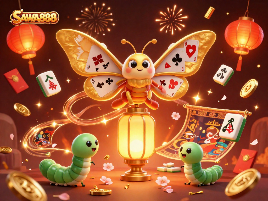 Engage with SAWA888's exciting casino games featuring dynamic visuals of slots, lucky symbols, and festive elements.