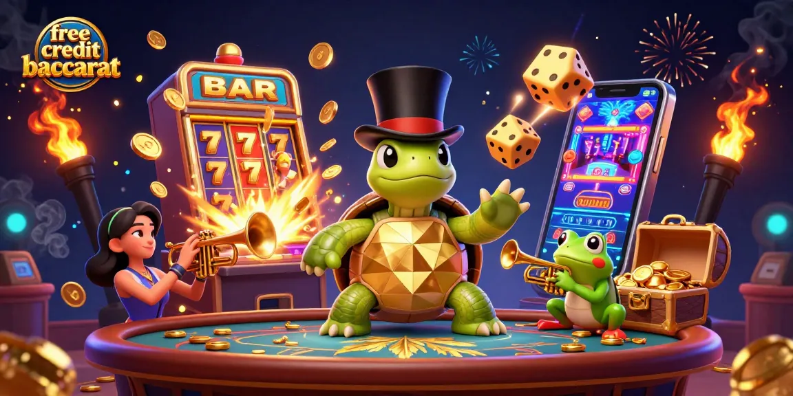 Engage with free credit baccarat at a vibrant live casino featuring a turtle and frog during gameplay.