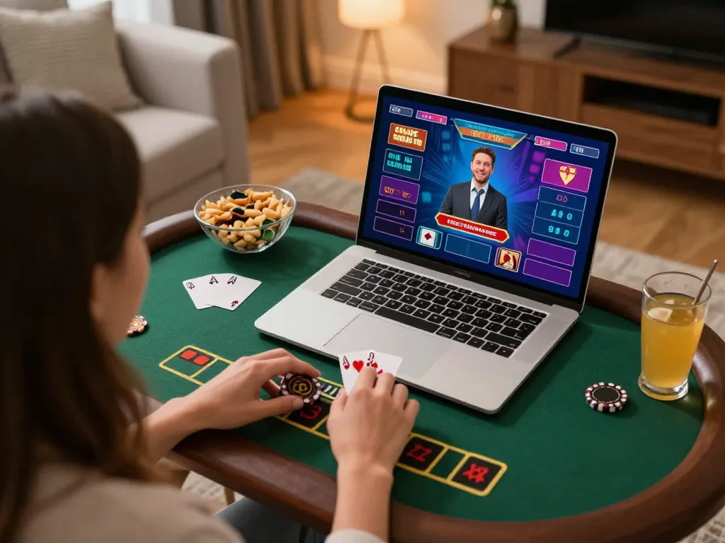 king33 player engaging in live dealer blackjack at home, showcasing gaming setup and interface.