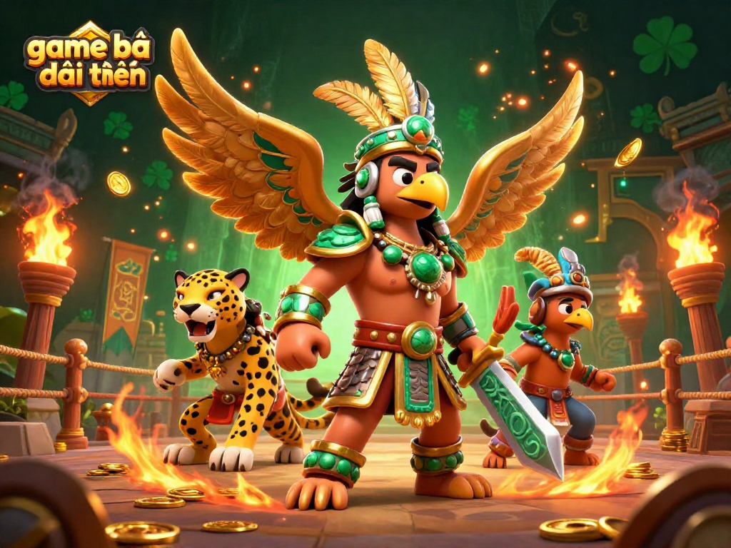 Experience game bài đổi thưởng in a vibrant, dynamic 3D illustration featuring Aztec warriors and gold elements.