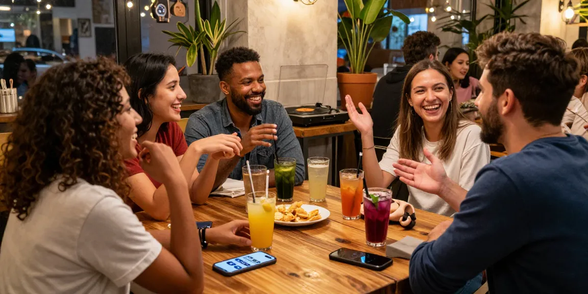 Friends enjoying lively conversation in café, sharing شات تعب قلبي experiences and laughter.