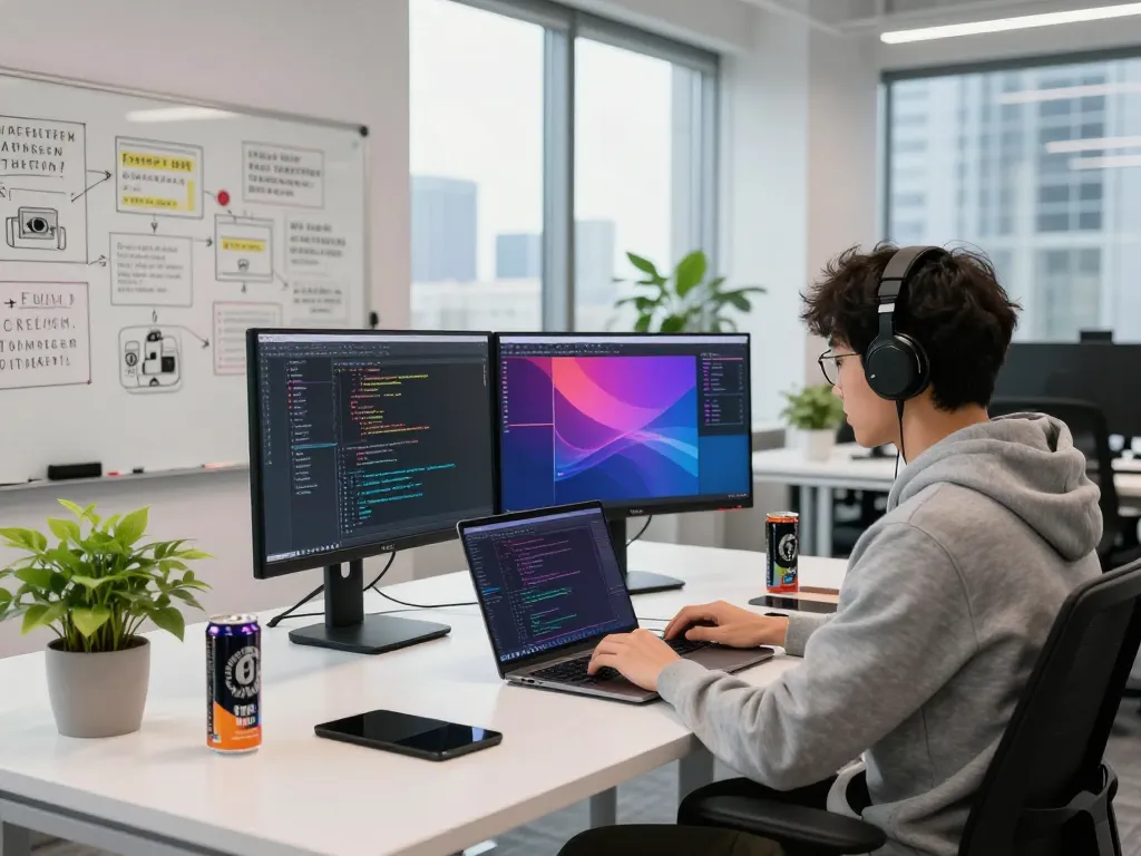 Developer programming with juicy ai on dual monitors in a vibrant tech office