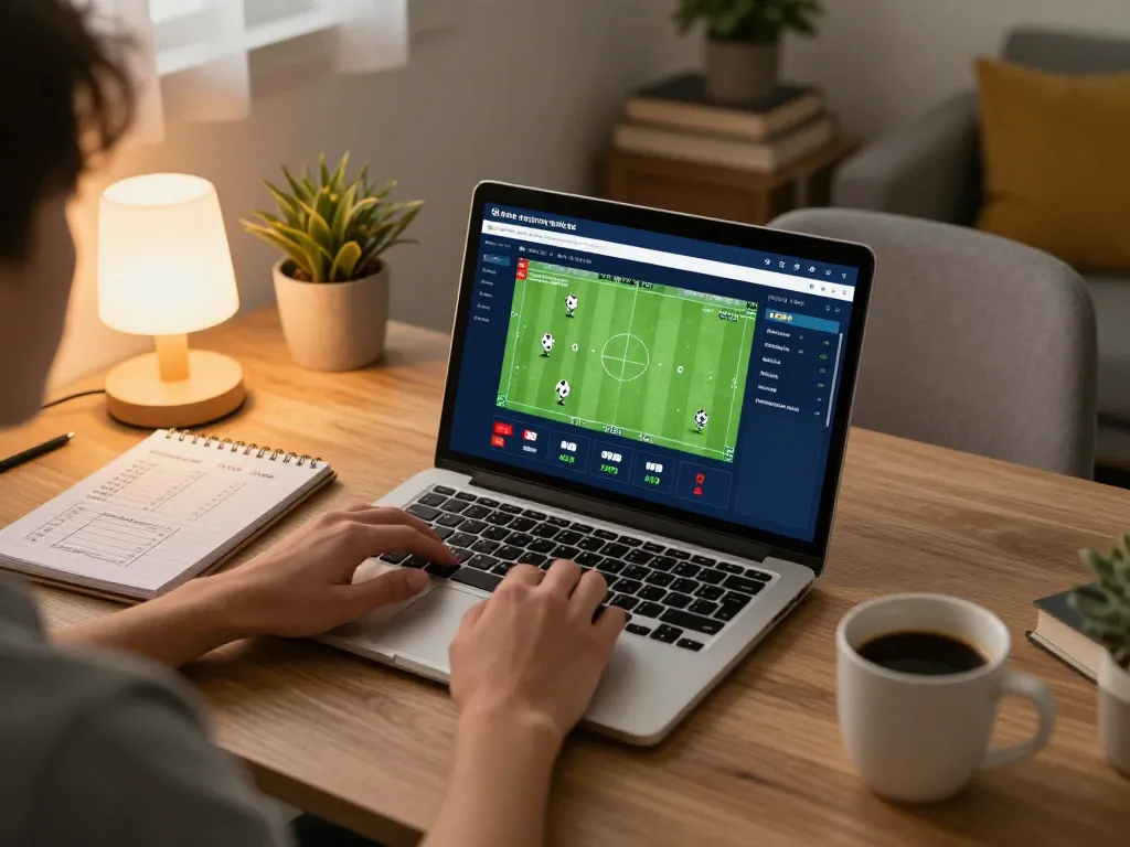 Engaging scene of a sports bettor analyzing kèo nhà cái live odds on a laptop, showcasing a cozy home setup and strategic focus.