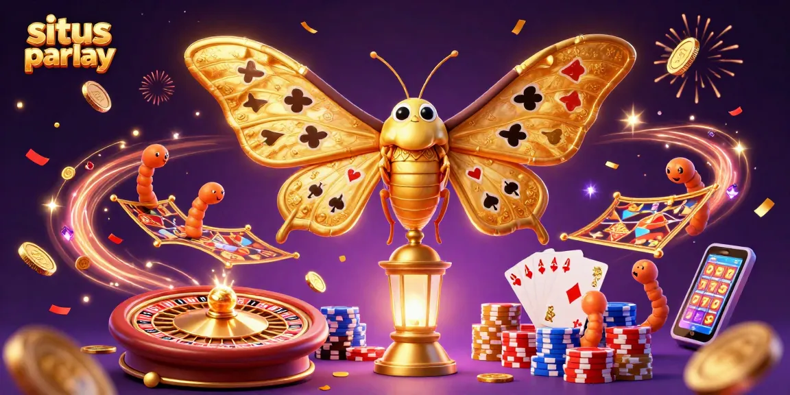 Engaging action from situs parlay, featuring a vibrant 3D illustration of a golden moth amidst casino elements.