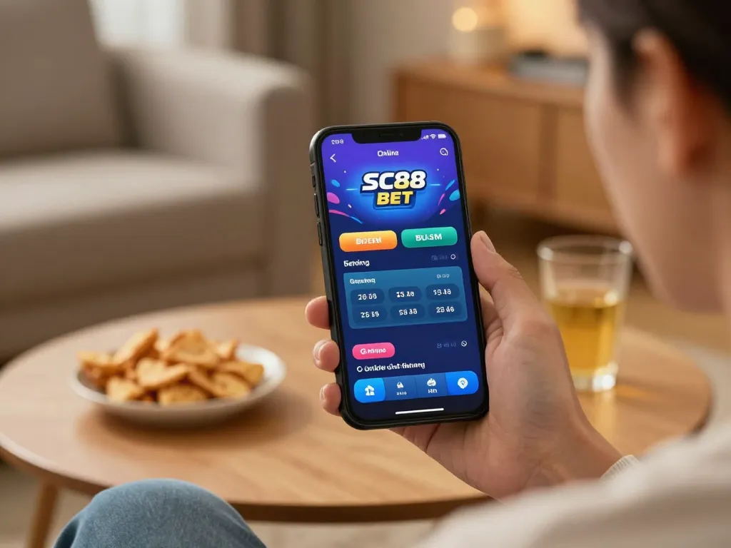 Engaging in SC88 BET mobile app for strategic online betting in a cozy home setting