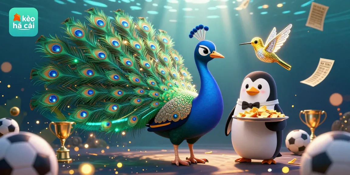 Place winning bets with kèo nhà cái in this vibrant scene featuring a peacock and penguin in casino action.