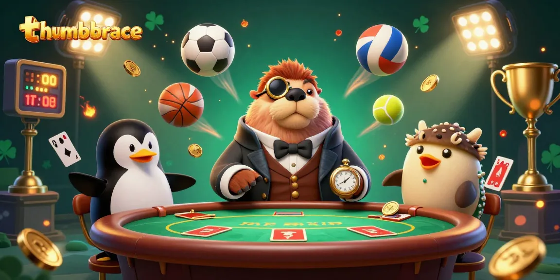Engage with thumbbrace gaming at an underwater poker table featuring vibrant characters and dynamic sports elements.