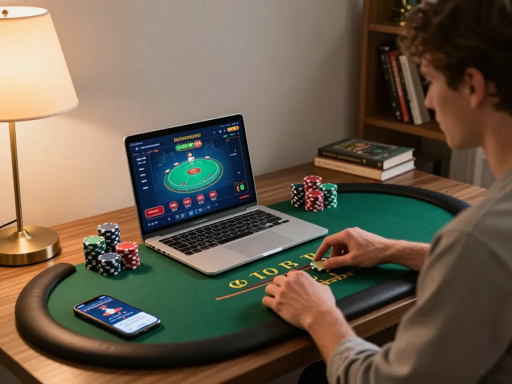 Engaging home gaming scene with a player participating in a live dealer poker game on laptop, showcasing m106 strategic gameplay