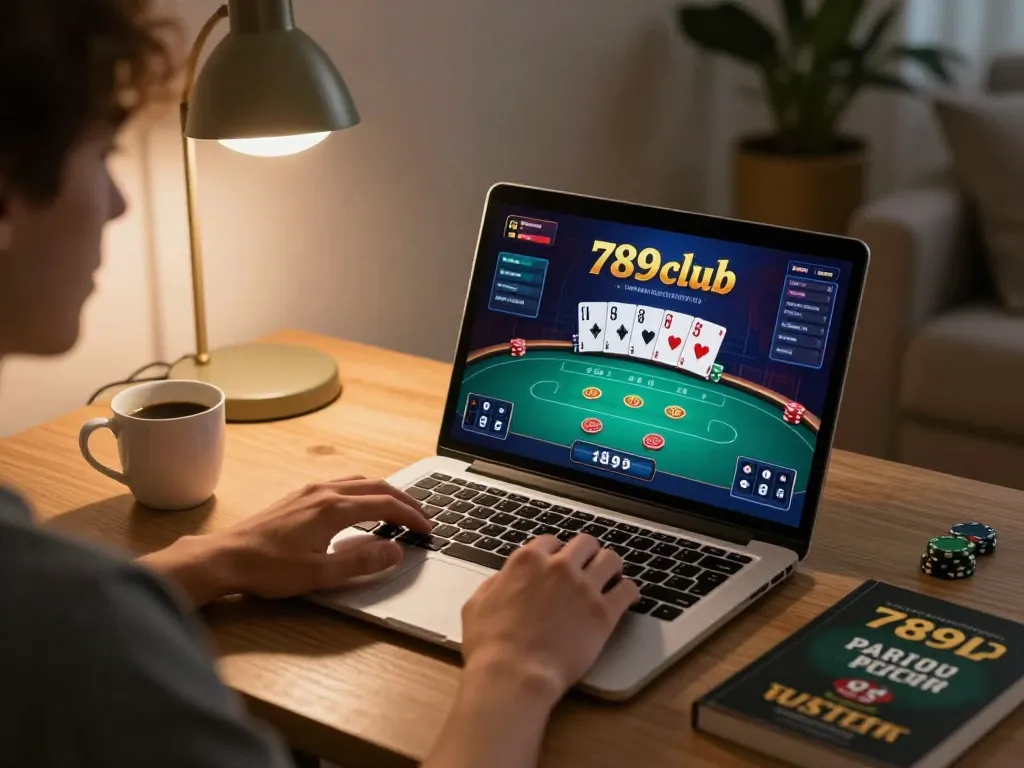Engaged user playing poker on 789club while enjoying a cozy home gaming setup