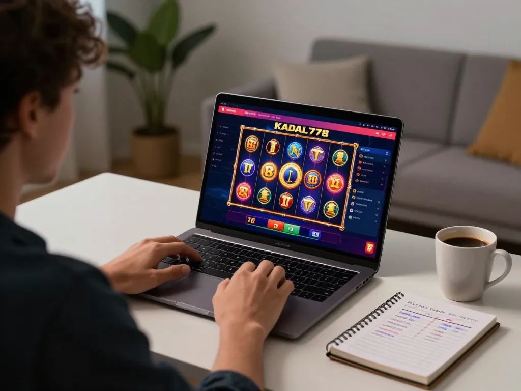 KADAL778 online casino setup with a gamer focused on screen showcasing slot machine gameplay and strategies.