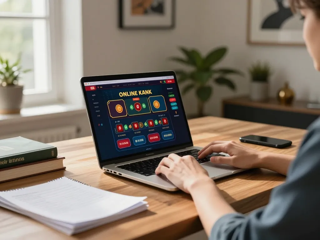 Nego77 user engaging online gaming strategy at home with laptop and notes, showcasing responsible gambling.