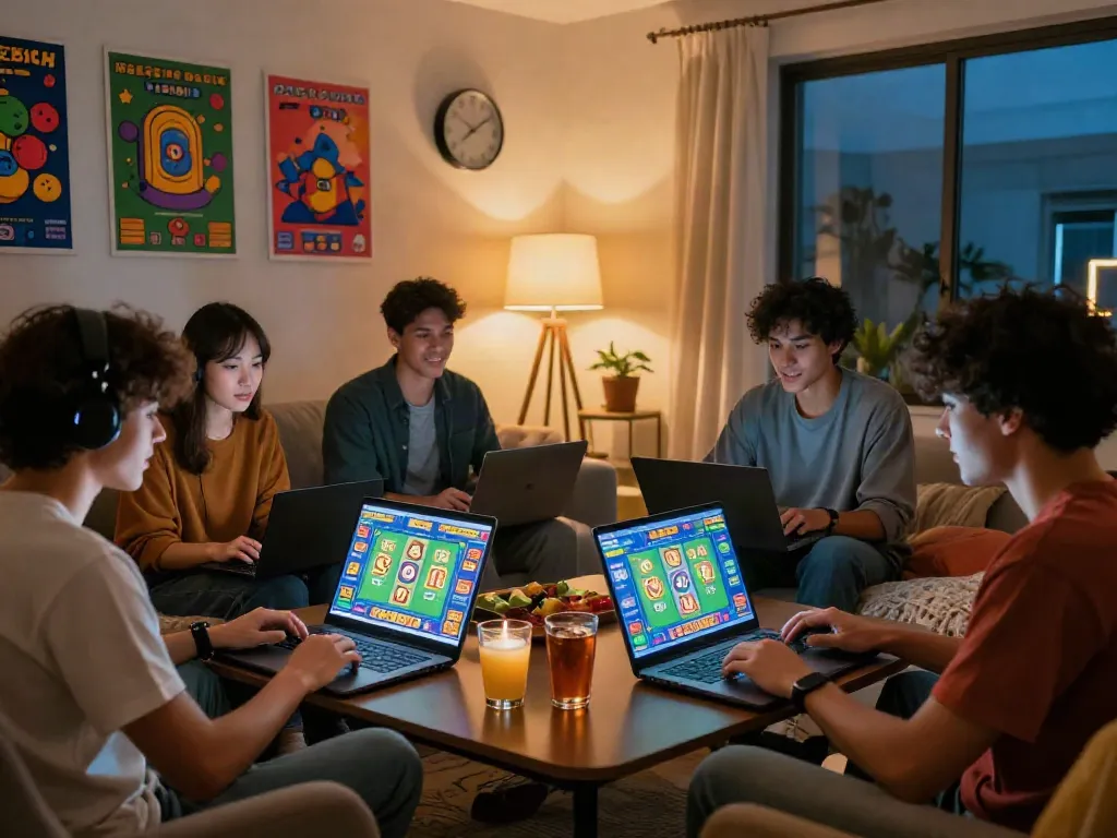 Group enjoying unsurtoto virtual lottery game in cozy living room.