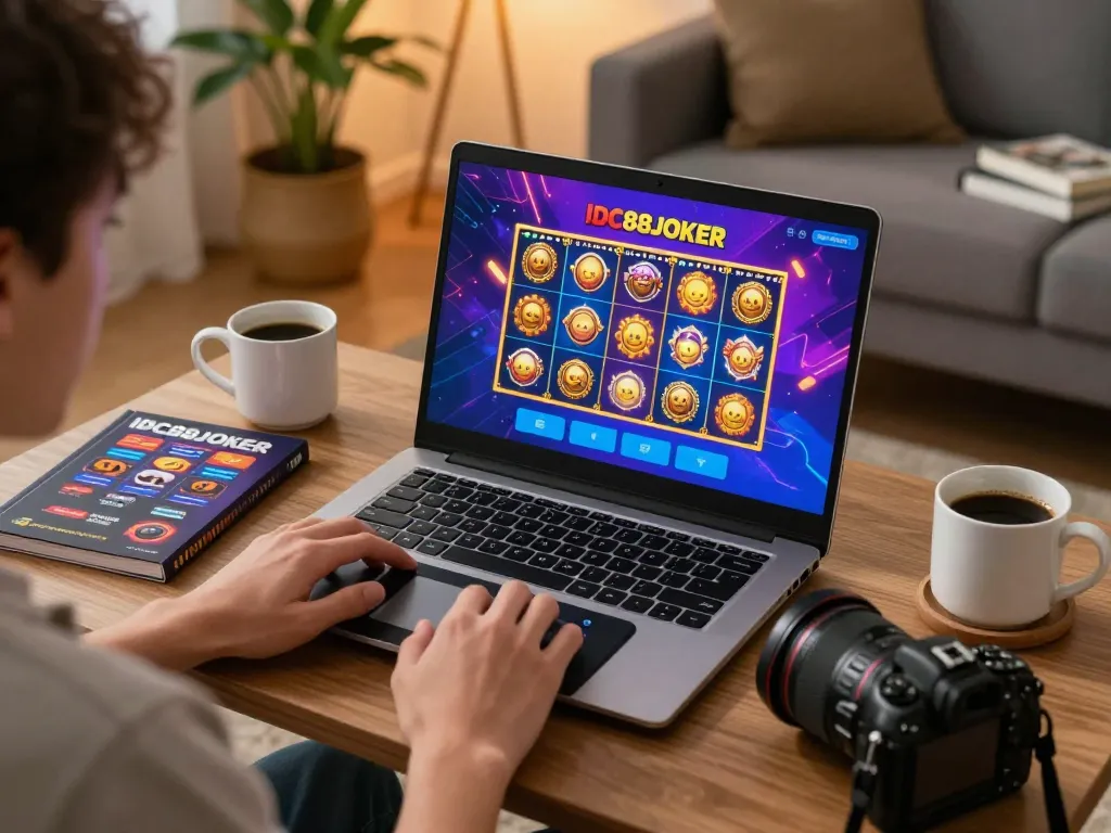 Engaged player exploring IDC88JOKER's online casino slots on laptop with cozy home setup.